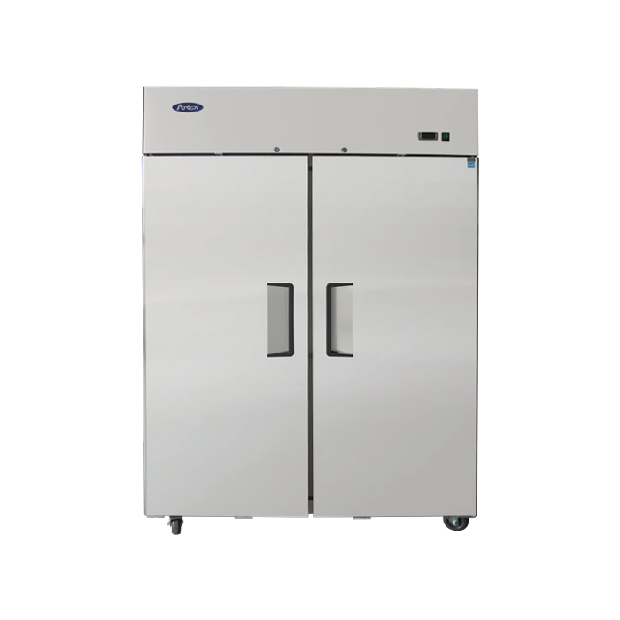 A large commercial reach-in refrigerator with two vertical doors and recessed handles. This stainless steel refrigerator features a vented top section, control panel, and is mounted on small wheels. The background is plain white, making the Atosa Refrigerator stand out in any professional kitchen setting.