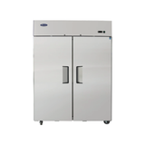 A large commercial reach-in refrigerator with two vertical doors and recessed handles. This stainless steel refrigerator features a vented top section, control panel, and is mounted on small wheels. The background is plain white, making the Atosa Refrigerator stand out in any professional kitchen setting.