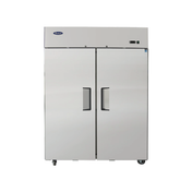 A large commercial reach-in refrigerator with two vertical doors and recessed handles. This stainless steel refrigerator features a vented top section, control panel, and is mounted on small wheels. The background is plain white, making the Atosa Refrigerator stand out in any professional kitchen setting.