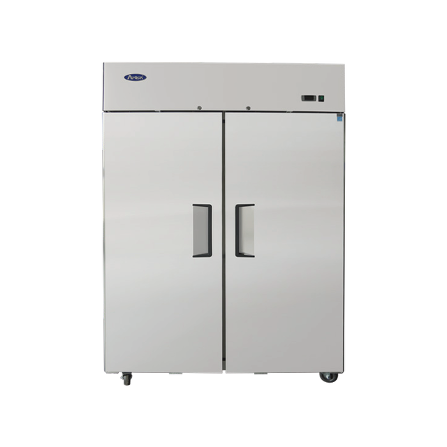 A large commercial reach-in refrigerator with two vertical doors and recessed handles. This stainless steel refrigerator features a vented top section, control panel, and is mounted on small wheels. The background is plain white, making the Atosa Refrigerator stand out in any professional kitchen setting.