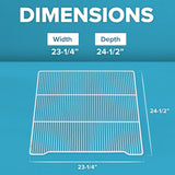 A white wire rack, compatible as an Additional Shelf for the MBF8001GR refrigerator by Atosa USA, is displayed on a blue background. Above it, DIMENSIONS appear with labeled boxes showing Width: 23-1/4” and Depth: 24-1/2”.