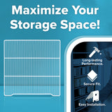 Graphic with text Maximize Your Storage Space! above a white wire Additional Shelf compatible with Atosa USA MBF8001GR. On the right, three icons and text read: Long-lasting Performance, Secure Fit, and Easy Installation. Blue gradient background.