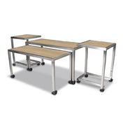 Forbes Industries 7407HD Claremont Four Nesting Tables (Elite-Heavy Duty) Four Tables (one Large Rectangle Table: 72” X 30" X 40” One Medium Rectangle Table: 66” X 30 X 36.5” And Two End Tables: 30” X 30" X 44"). Brushed Stainless Steel Tube
