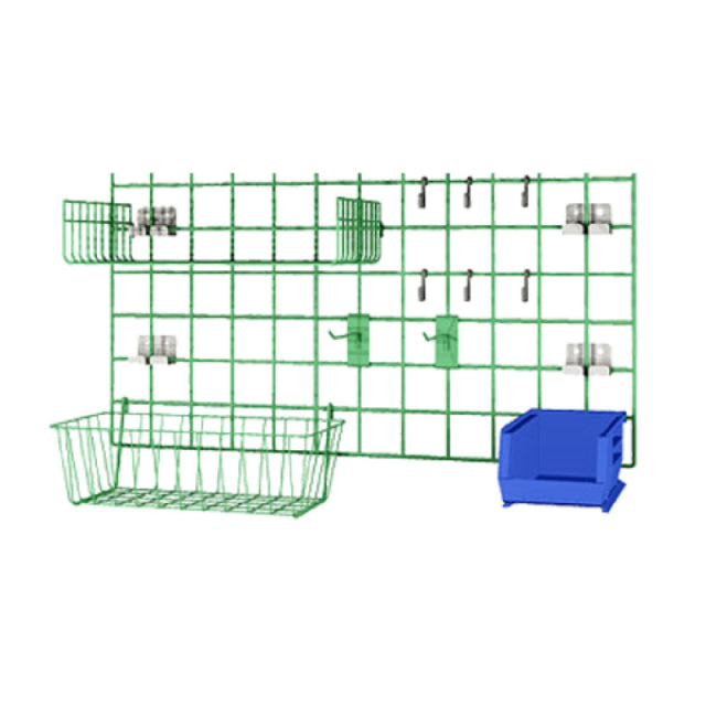 Metro SWA2 SmartWall Accessory Kit For Prep Areas Consists Of (2) H210K3 Wire Baskets (1) PBA-GSDK3 Small Grid Shelf (1) DD3722A Bin Holder (1) MB30230B Bin (2) PGHK6K3 6" Prong Hooks