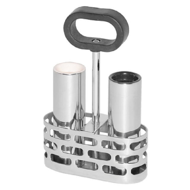 Service Ideas SM-66 Mod18 Steelworks Salt & Pepper Shakers Set With Rack 6-1/4" H X 1-1/4" Dia.