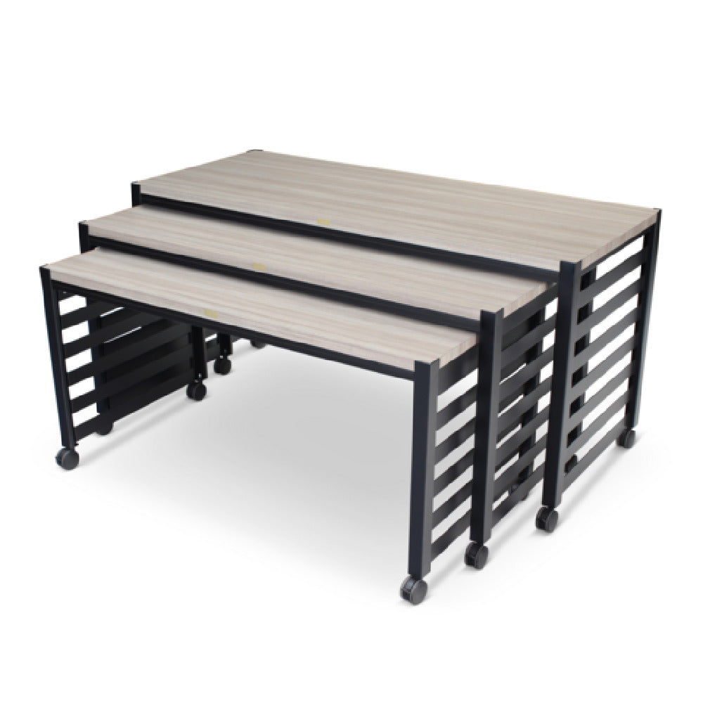 Forbes Industries 7438HD Fiji Series Nesting Tables (Elite-Heavy Duty) Three Tables (one Large Rectangle Table: 72” X 30" X 36” One Medium Rectangle Table: 66” X 30 X 33” And One Small Table: 60” X 30" X 30"). Powder Epoxy Painted Steel Fram