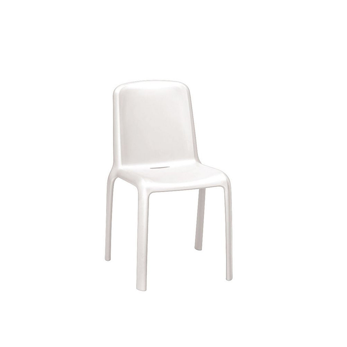 A single white polypropylene Milo Stacking Side Chair with a curved backrest and seat, four straight legs, and a simple, smooth design. Perfect for outdoor/indoor use, it is shown against a plain white background.