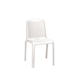 A single white polypropylene Milo Stacking Side Chair with a curved backrest and seat, four straight legs, and a simple, smooth design. Perfect for outdoor/indoor use, it is shown against a plain white background.