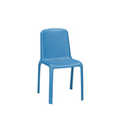 A simple, modern blue polypropylene chair with a curved backrest and seat. The Milo Stacking Side Chair by emuamericas features four straight legs and a small horizontal slot near the back of the seat, photographed against a plain white background.