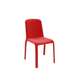 A modern, minimalist red Milo Stacking Side Chair with a smooth, matte finish and gently curved backrest. Crafted from a single piece of molded polypropylene by emuamericas, it stands on four straight legs against a plain white background.