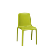 The Milo Stacking Side Chair is a simple, modern piece made of lime green polypropylene with a curved backrest and four straight legs, ideal for outdoor/indoor use. It features a smooth surface and a small horizontal slot in the seat.