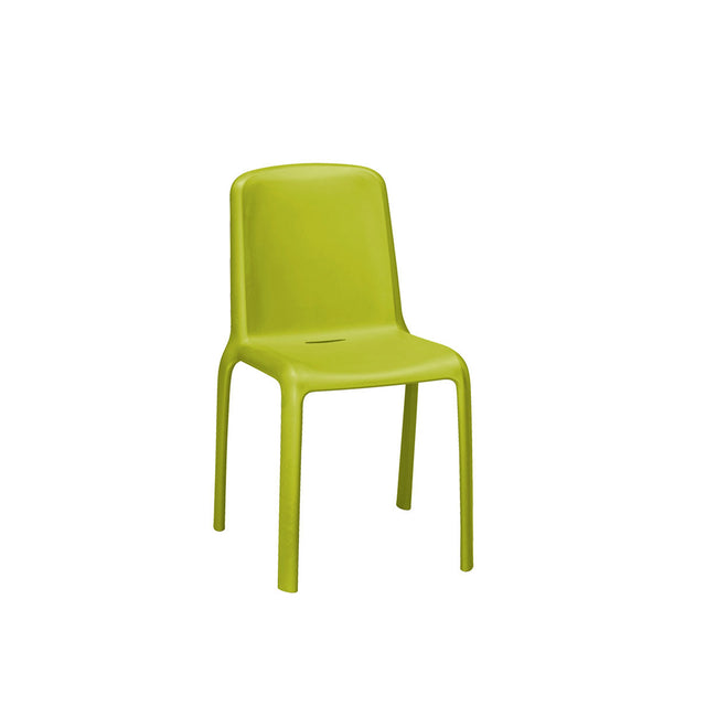 The Milo Stacking Side Chair is a simple, modern piece made of lime green polypropylene with a curved backrest and four straight legs, ideal for outdoor/indoor use. It features a smooth surface and a small horizontal slot in the seat.