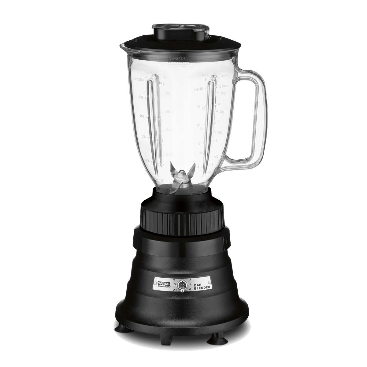 A countertop bar blender with a clear copolyester container, black lid, visible stainless steel blades, and a sturdy black base featuring a silver control panel and dial; the jar has a handle and measurement markings. The background is plain white.