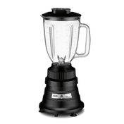A classic Bar Blender with a 44 oz. capacity, featuring a clear glass jar with measurement markings, stainless steel blade, black plastic lid, and a sturdy black base with metallic details and a labeled control knob, shown on a white background.