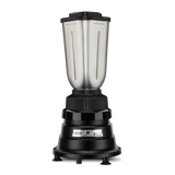A stainless steel Bar Blender with a black base, featuring a textured grip ring and a small control panel with two switches labeled Low and High Blend. The stainless steel container stands on four black rubber feet against a plain white background.