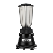 A stainless steel Bar Blender with a black base, featuring a textured grip ring and a small control panel with two switches labeled Low and High Blend. The stainless steel container stands on four black rubber feet against a plain white background.