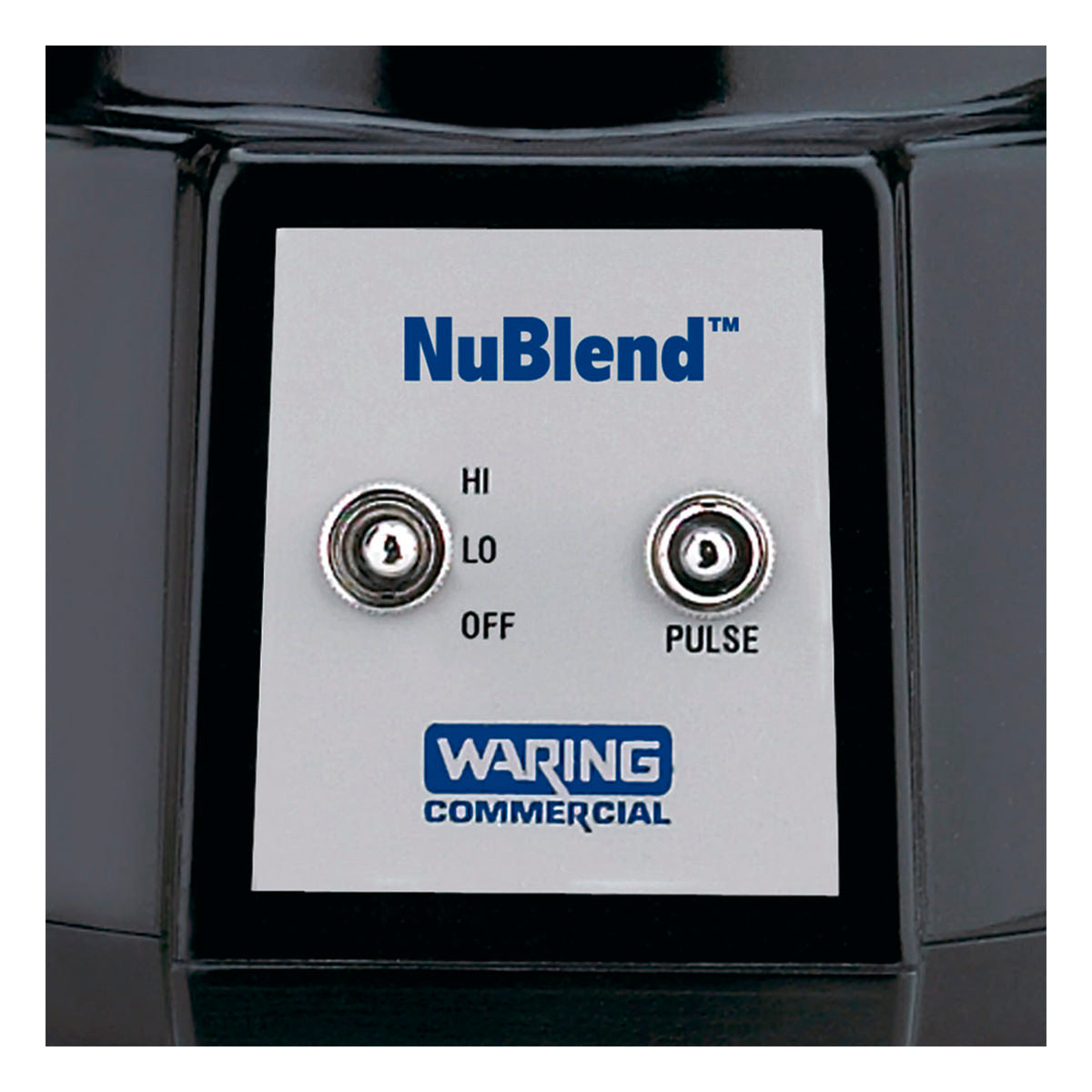 Close-up of a control panel on a Waring Commercial NuBlend Blender. It features two toggle switches labeled HI LO OFF and PULSE, with blue NuBlend and Waring Commercial logos. Designed for international use, it's compatible with a copolyester container.