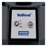 Close-up of a control panel on a Waring Commercial NuBlend Blender. It features two toggle switches labeled HI LO OFF and PULSE, with blue NuBlend and Waring Commercial logos. Designed for international use, it's compatible with a copolyester container.
