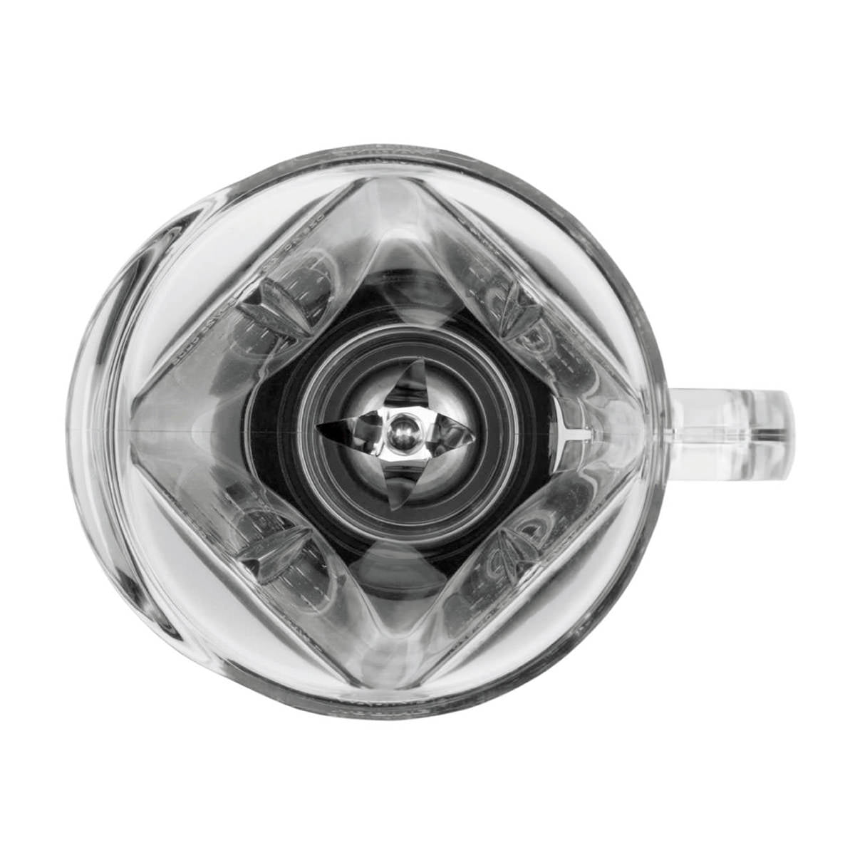 Top-down view of an empty NuBlend Blender jar with a handle on the right. Its sharp metal blades sit at the center, surrounded by square copolyester container walls. The bright image features a white background for international use.