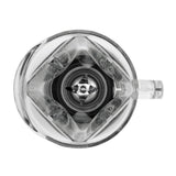 Top-down view of an empty NuBlend Blender jar with a handle on the right. Its sharp metal blades sit at the center, surrounded by square copolyester container walls. The bright image features a white background for international use.