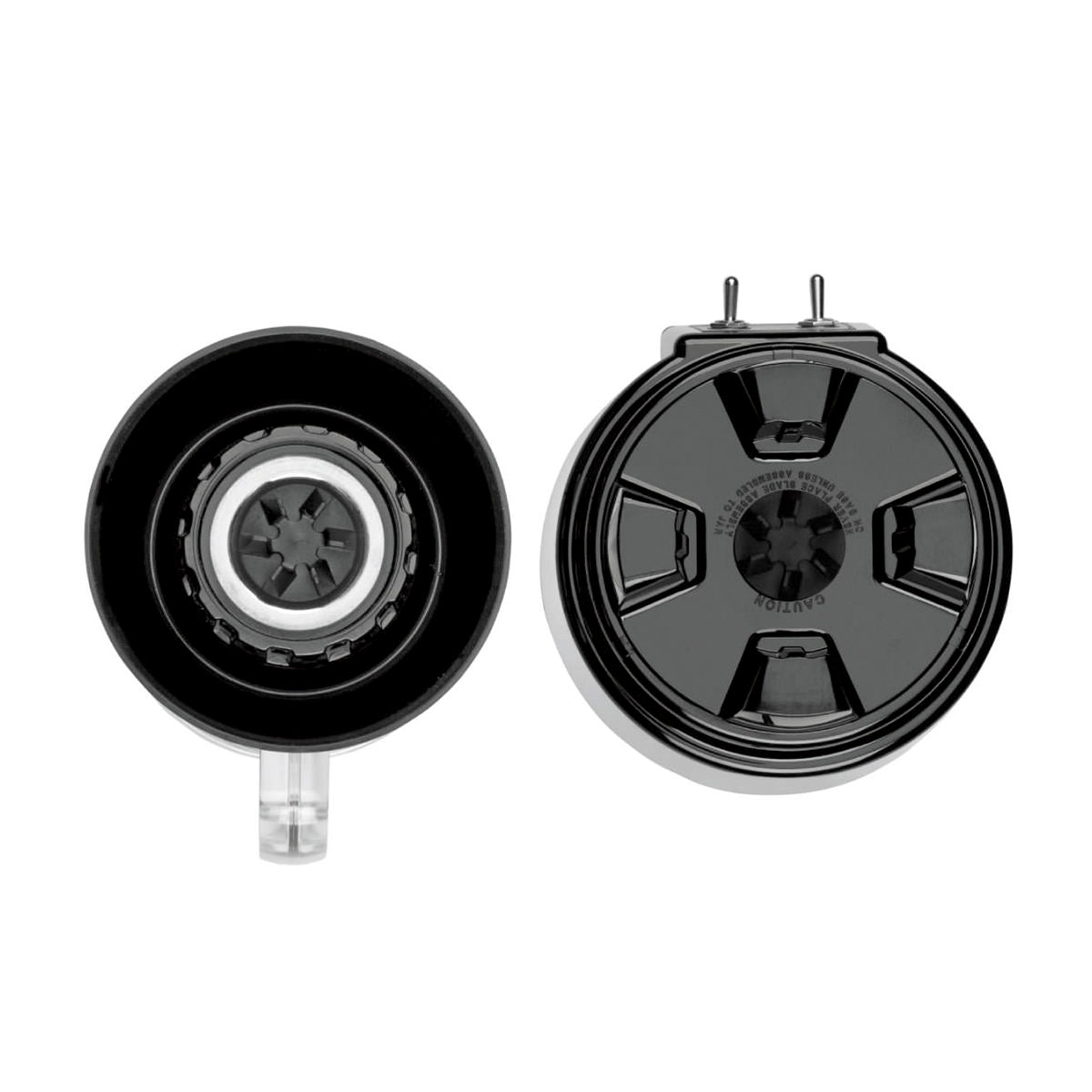 Two black circular electric stove burner knobs are shown from above; the left displays its bottom side with a visible mounting hole and connector, while the right shows grip design and indicator markings. Suitable for international use, both have a shiny finish.