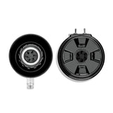 Two black circular electric stove burner knobs are shown from above; the left displays its bottom side with a visible mounting hole and connector, while the right shows grip design and indicator markings. Suitable for international use, both have a shiny finish.
