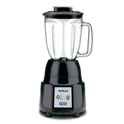 A black and silver NuBlend Blender with a clear copolyester container, sturdy handle, black lid, and simple "OFF," "ON," and "PULSE" controls sits against a plain white background, designed for convenient international use.