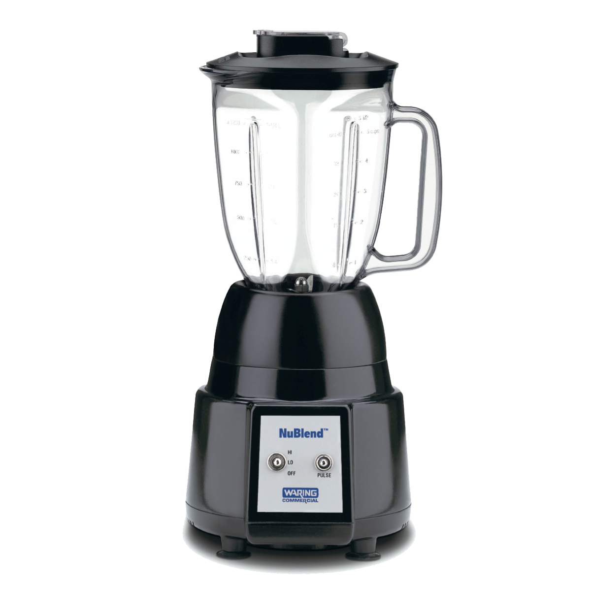 A black and silver NuBlend Blender with a clear, graduated copolyester container, a handle on the right, and a black lid. The base has two buttons labeled “Off” and “Pulse” with a blue and white control panel. Perfect for international use.
