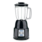 A black and silver NuBlend Blender with a clear, graduated copolyester container, a handle on the right, and a black lid. The base has two buttons labeled “Off” and “Pulse” with a blue and white control panel. Perfect for international use.
