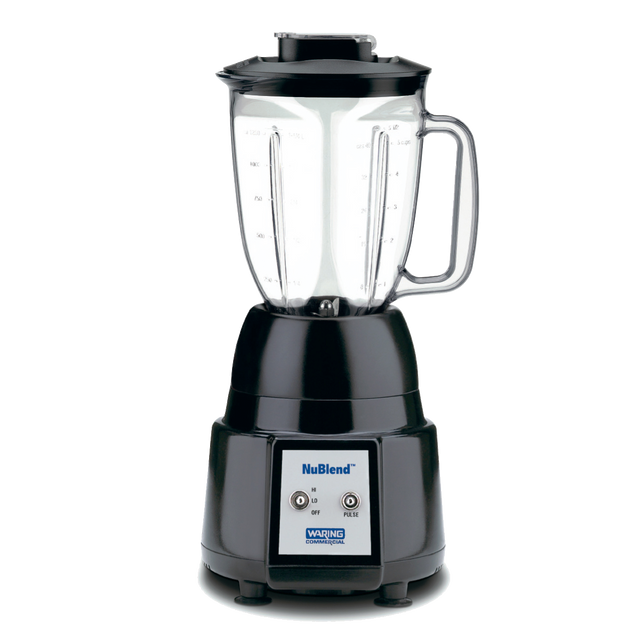 A black and silver NuBlend Blender with a clear, graduated copolyester container, a handle on the right, and a black lid. The base has two buttons labeled “Off” and “Pulse” with a blue and white control panel. Perfect for international use.