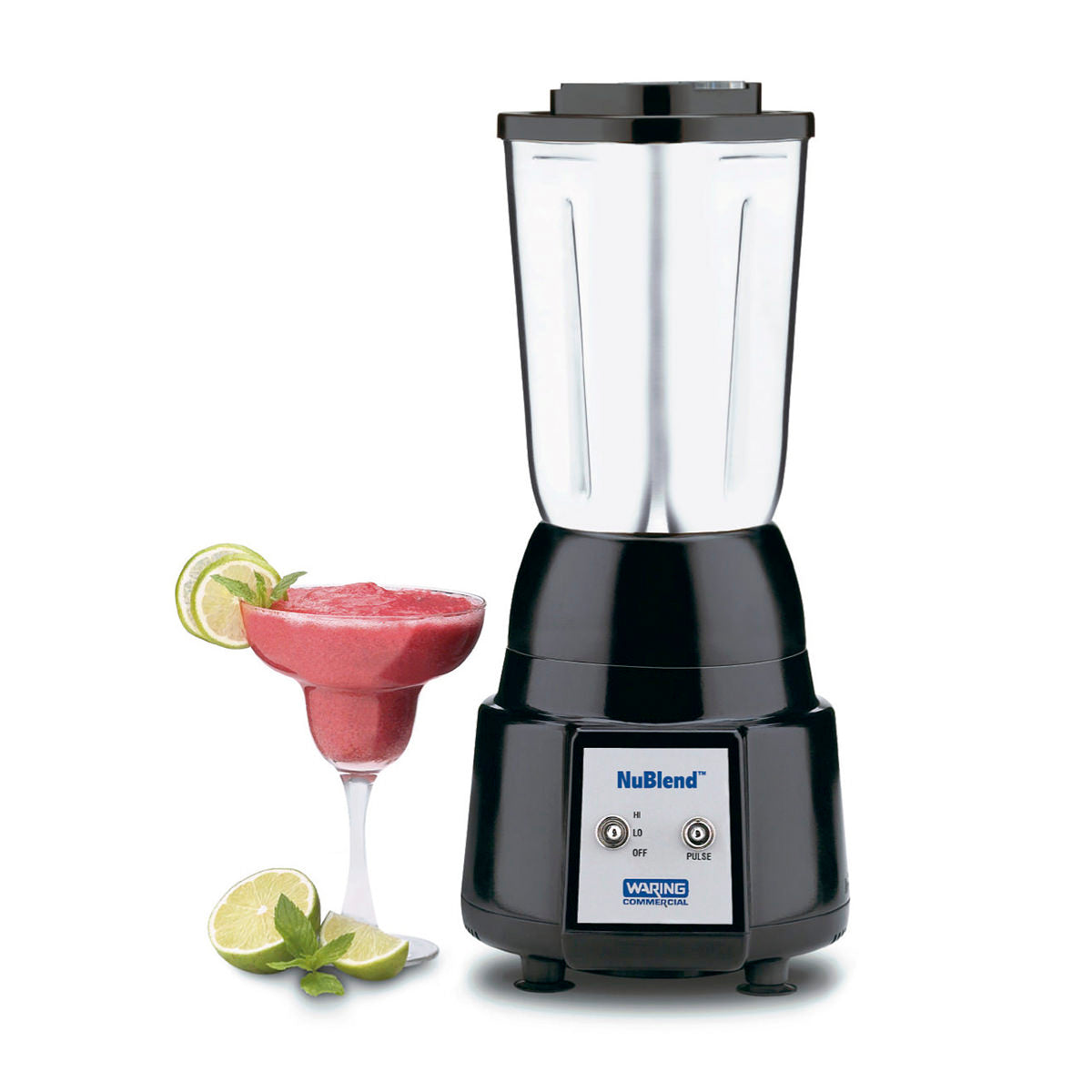 A black and silver NuBlend Blender with a stainless steel container stands next to a margarita glass filled with a red frozen drink, garnished with lime slices. Two lime wedges rest on the white surface beside the glass and blender.