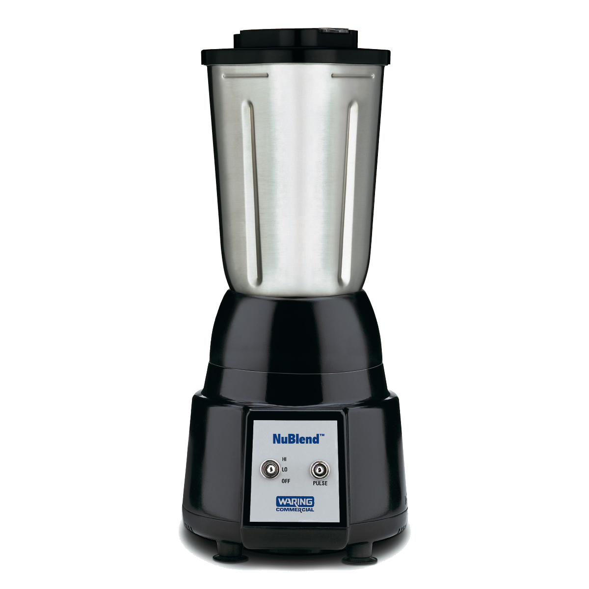 A NuBlend Blender with a stainless steel container features a black base, two switches for OFF/ON and PULSE, and a blue and white “NuBlend” label above “WARING COMMERCIAL.” Ideal for international use. Background is plain white.