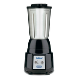 A NuBlend Blender with a stainless steel container features a black base, two switches for OFF/ON and PULSE, and a blue and white “NuBlend” label above “WARING COMMERCIAL.” Ideal for international use. Background is plain white.