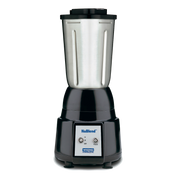 A NuBlend Blender with a stainless steel container features a black base, two switches for OFF/ON and PULSE, and a blue and white “NuBlend” label above “WARING COMMERCIAL.” Ideal for international use. Background is plain white.