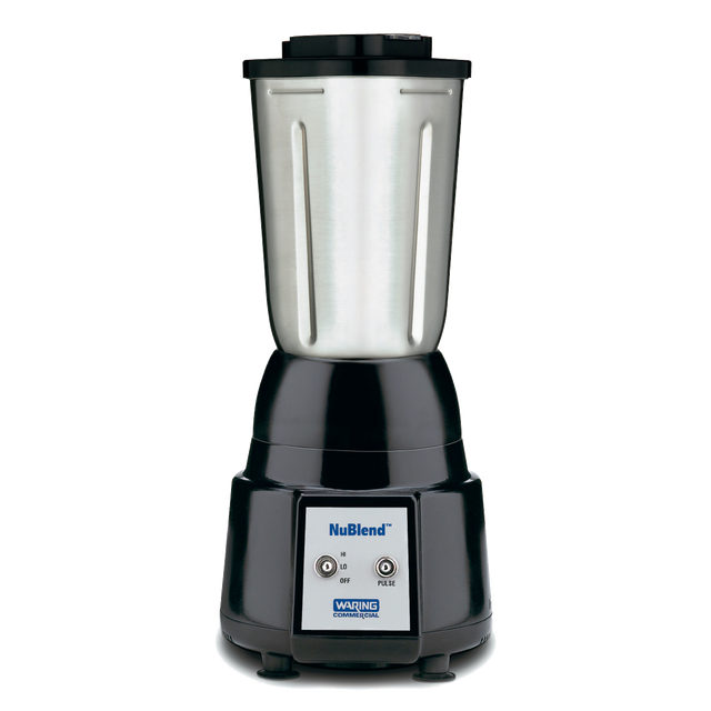 A NuBlend Blender with a stainless steel container features a black base, two switches for OFF/ON and PULSE, and a blue and white “NuBlend” label above “WARING COMMERCIAL.” Ideal for international use. Background is plain white.