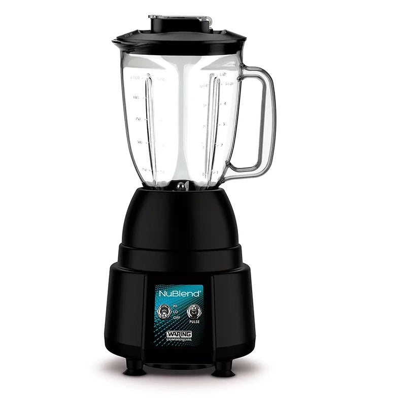 A black NuBlend electric countertop blender with a clear polycarbonate container featuring measurement markings, a handle, and a lid. The base includes two control dials and a blue NuBlend label, standing securely on four small feet.
