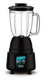 A black commercial blender with a clear 44-oz capacity polycarbonate container, handle, and lid. The base features two round control dials, a blue NuBlend logo, and the Waring brand name. The blender is shown against a plain white background.