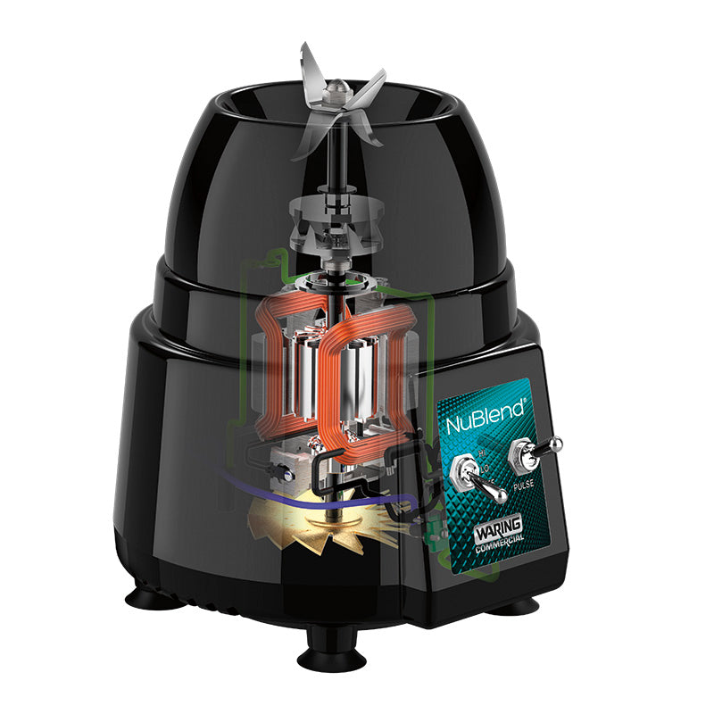 A black commercial blender with a cutaway view reveals copper coils, gears, and blade assembly inside its polycarbonate container. The front features two metal toggle switches and a NuBlend label with a warning sign below. It stands on four short legs.