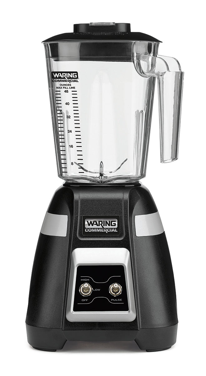 A black and silver Waring Commercial Blade Bar Blender with a clear, marked 48-oz. plastic container sits upright. The 2-speed front panel has switches labeled Off, Low, and Pulse. The brand name appears on both the pitcher and the base above the controls.