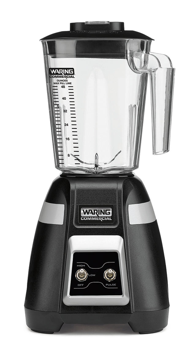 A black and silver Waring Commercial Blade Bar Blender with a clear, marked 48-oz. plastic container sits upright. The 2-speed front panel has switches labeled Off, Low, and Pulse. The brand name appears on both the pitcher and the base above the controls.