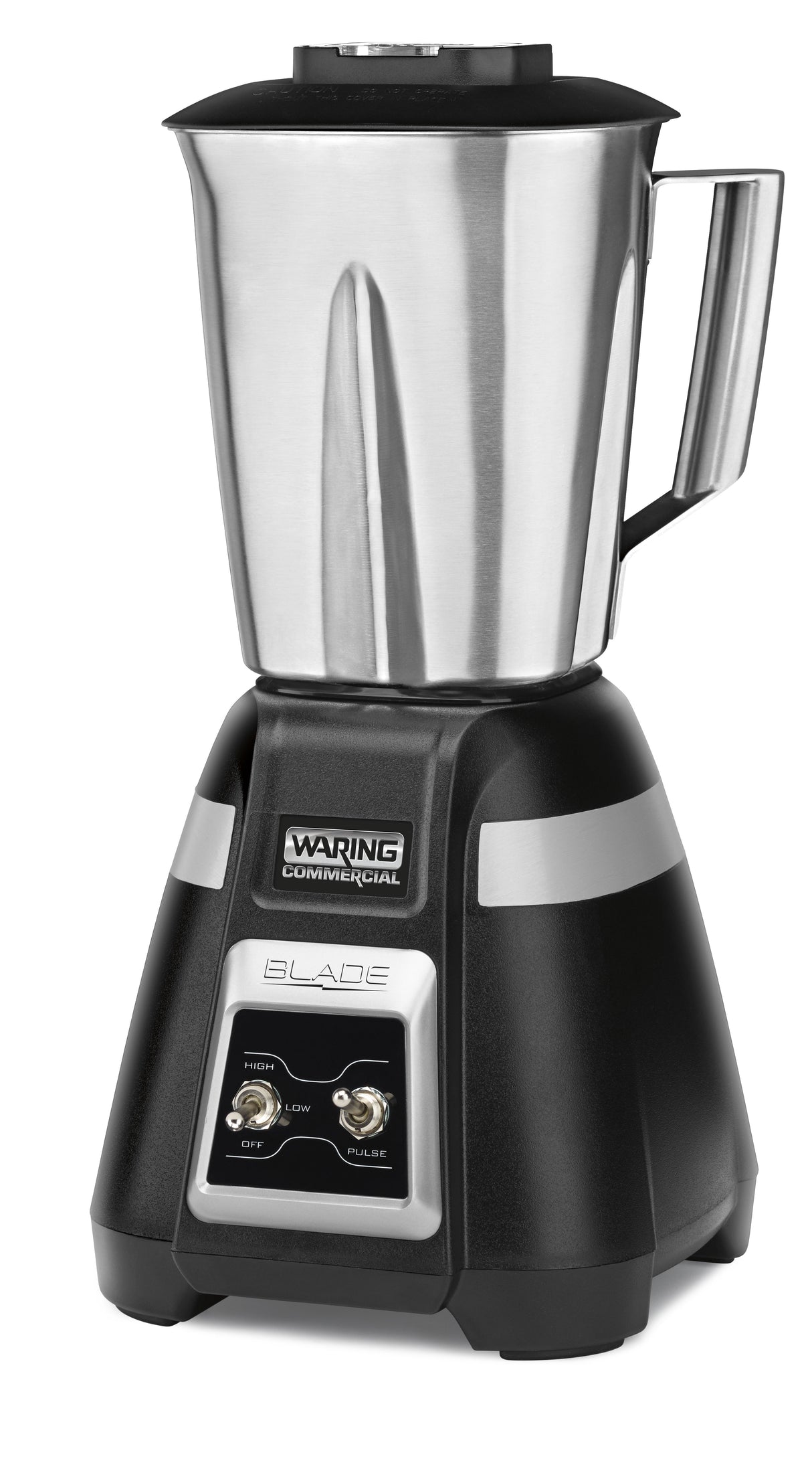 A Blade Bar Blender featuring a stainless steel container, sturdy handle, and “Waring Commercial” control panel with “High,” “Low,” and “Off” settings plus pulse switch, all on a sleek black and silver base.