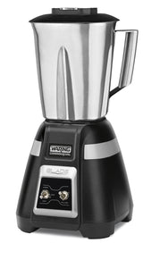 A Blade Bar Blender featuring a stainless steel container, sturdy handle, and “Waring Commercial” control panel with “High,” “Low,” and “Off” settings plus pulse switch, all on a sleek black and silver base.