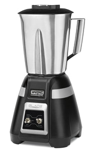 A stainless steel commercial Blade Bar Blender with a black base, silver control panel, and labeled 2-speed buttons for “hi,” “low,” and “off.” The Waring Commercial brand is above the controls. The sturdy stainless steel container has no visible markings.