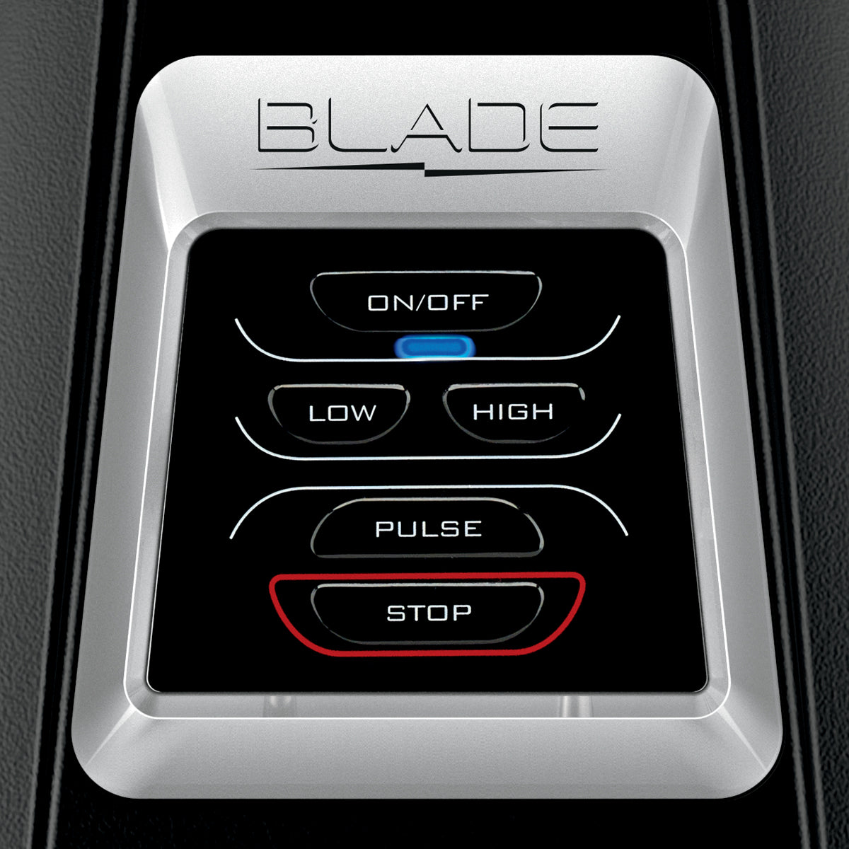 A close-up of a Blade Bar Blender control panel labeled “BLADE,” featuring electronic touchpad controls. Buttons include ON/OFF (lit blue), LOW, HIGH, PULSE, and STOP (outlined in red). The sleek black panel is accented with metallic silver trim.