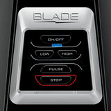A close-up of a Blade Bar Blender control panel labeled “BLADE,” featuring electronic touchpad controls. Buttons include ON/OFF (lit blue), LOW, HIGH, PULSE, and STOP (outlined in red). The sleek black panel is accented with metallic silver trim.