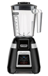 A black and silver Waring Commercial Blade Bar Blender with a 48-oz. plastic container, clear measurement markings, and handle. The electronic touchpad controls feature On/Off, Low, High, Pulse, and Stop. The Waring logo appears on the base and pitcher.