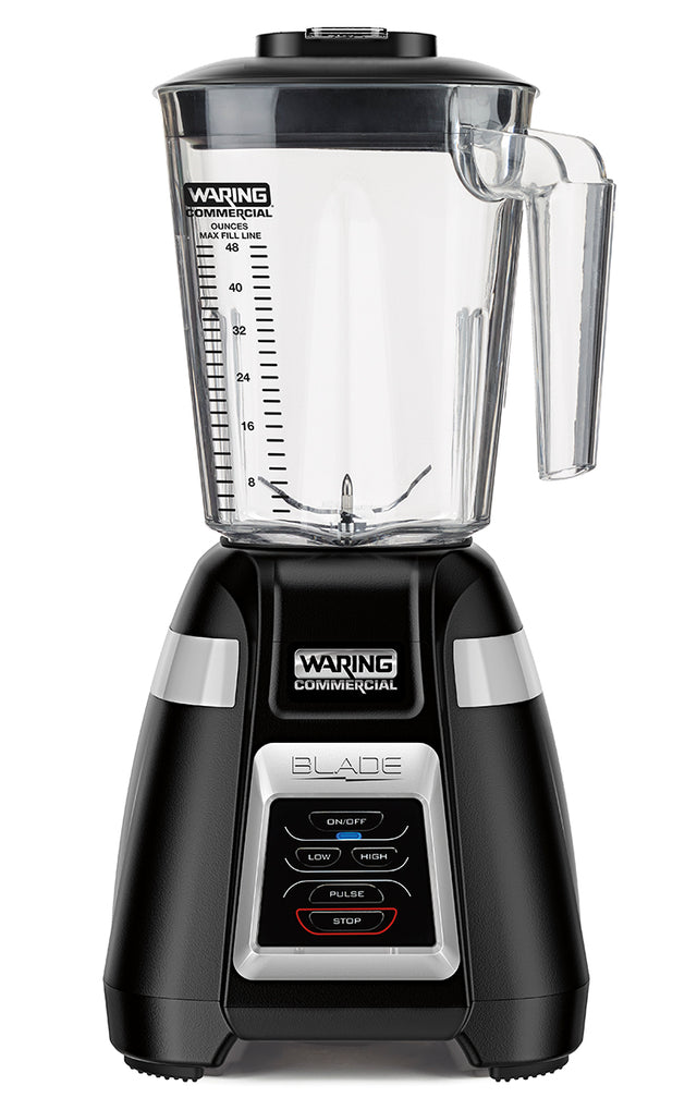 A black and silver Waring Commercial Blade Bar Blender with a 48-oz. plastic container, clear measurement markings, and handle. The electronic touchpad controls feature On/Off, Low, High, Pulse, and Stop. The Waring logo appears on the base and pitcher.