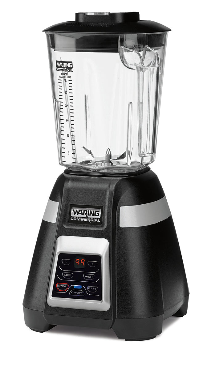 A black and silver Waring Commercial 2-speed Blade Bar Blender with a clear 48-oz. plastic container featuring measurement markings, a black lid, and a digital control panel displaying “99.” The blender sits on a white surface.