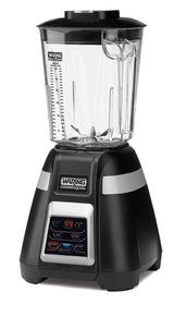 A black and silver Waring Commercial 2-speed Blade Bar Blender with a clear 48-oz. plastic container featuring measurement markings, a black lid, and a digital control panel displaying “99.” The blender sits on a white surface.
