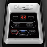 Close-up of a Blade Bar Blender control panel labeled “BLADE,” with a digital red display reading “99.” Featuring 2-speed LOW and HIGH options, STOP, ON/OFF, PULSE, plus/minus buttons—all on a modern metallic panel. Includes 48-oz. plastic container.